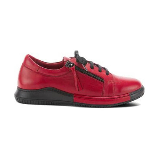 Red leather lace-up sneaker with black sole and side zipper