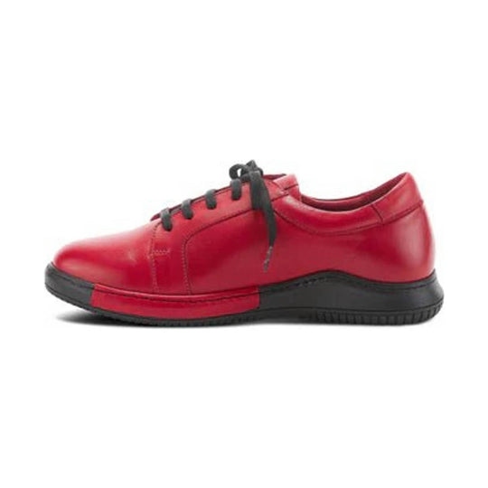 Red leather oxford shoe with black laces and black sole