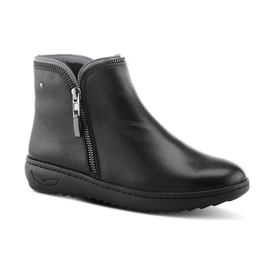 Black ankle boot with side zipper and low lug sole