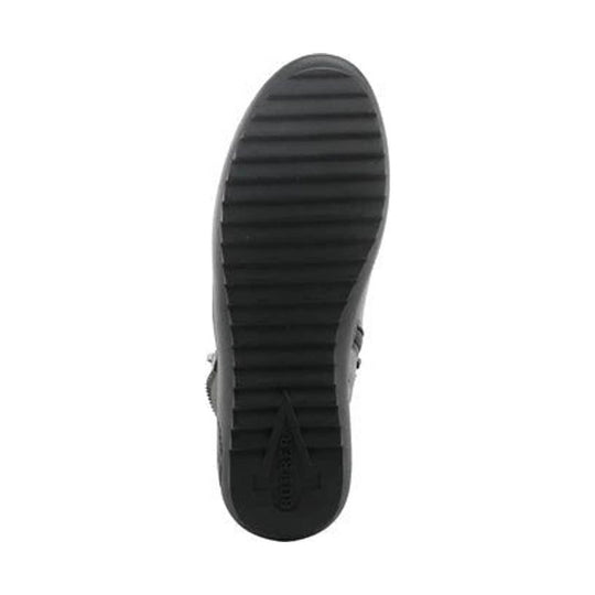 Black shoe outsole with ribbed tread, shown from below