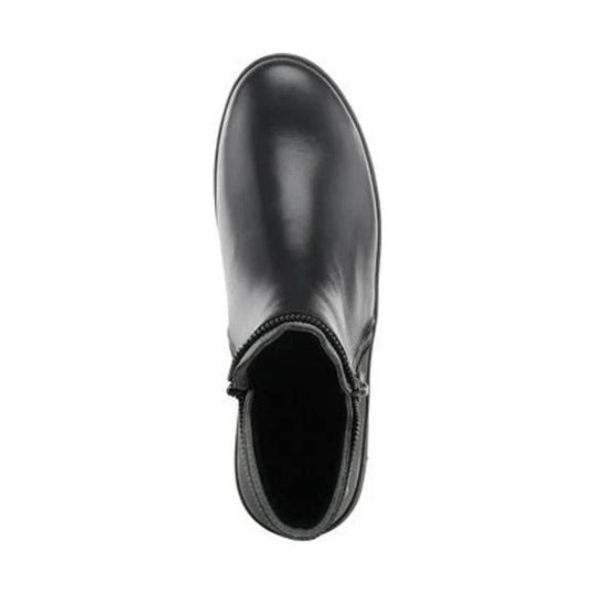 Black ankle boot with a rounded toe and side zipper, shown from above on a white background