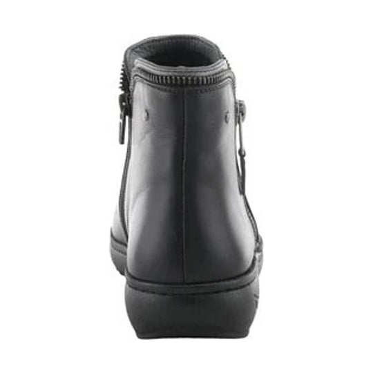 Black ankle boot viewed from the back with side zippers and a low heel