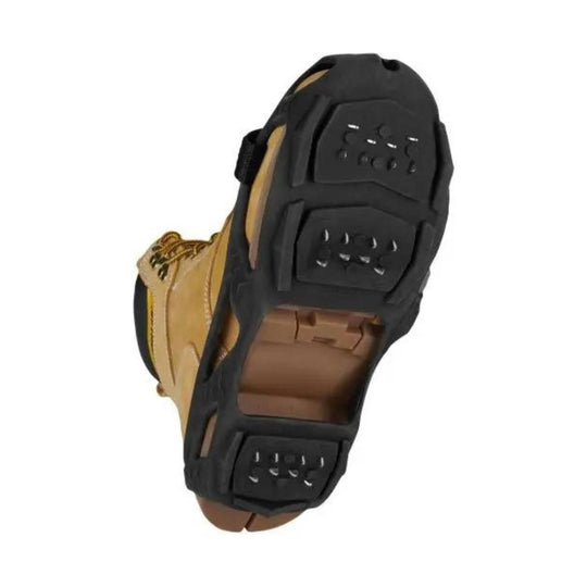 Brown boot sole with black traction cleats, shown from the bottom