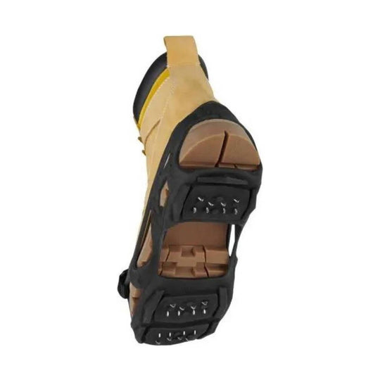 Tan boot sole with black traction cleats and metal spikes, shown from the bottom