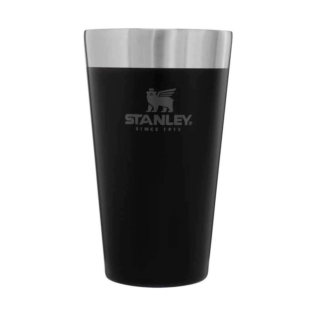 Black insulated pint cup with a stainless steel rim and Stanley logo