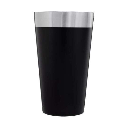 Black tapered pint glass with a stainless steel rim