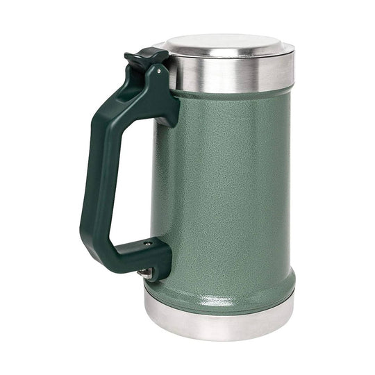 Stainless steel beer stein with textured green body, dark handle, and lid