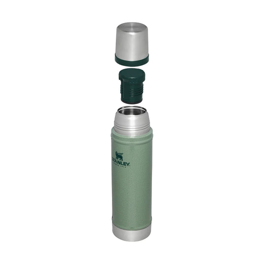 Green insulated bottle with stainless steel cap and cup, shown in exploded view