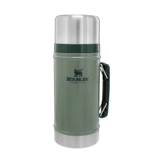 Green insulated food jar with stainless steel lid and side handle