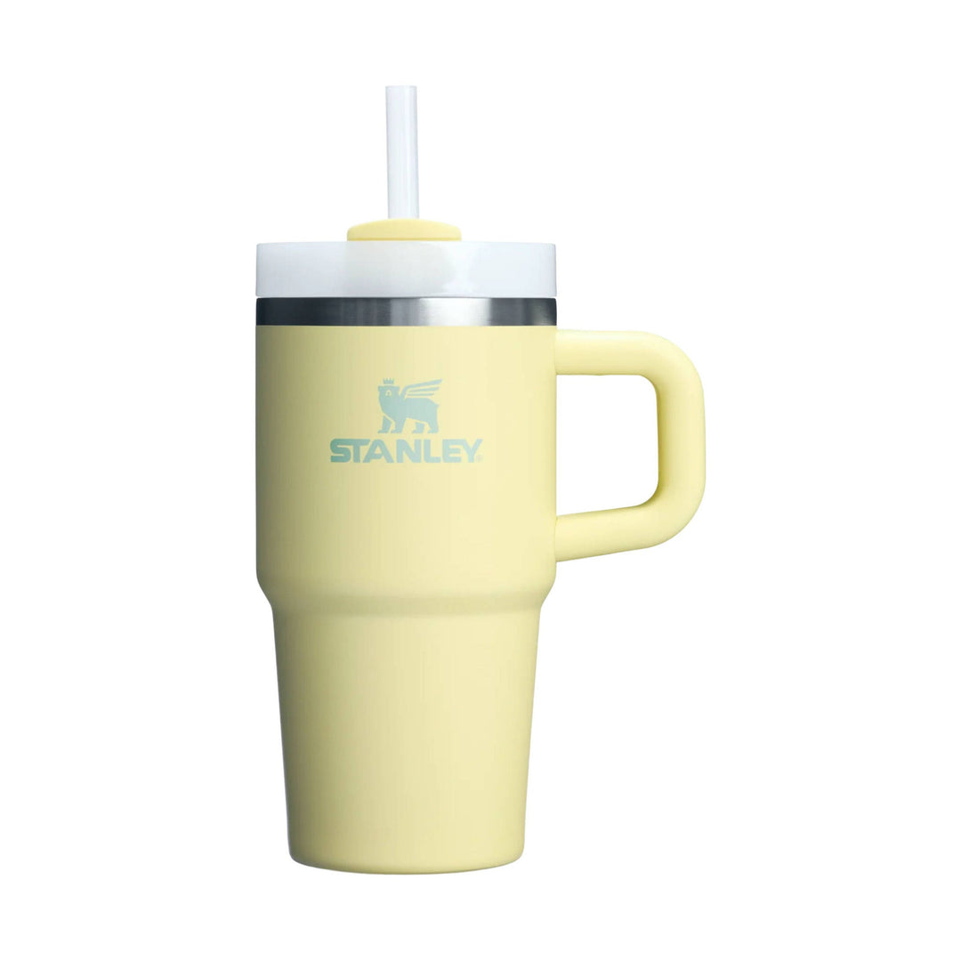 Pale yellow insulated tumbler with handle, lid, and straw
