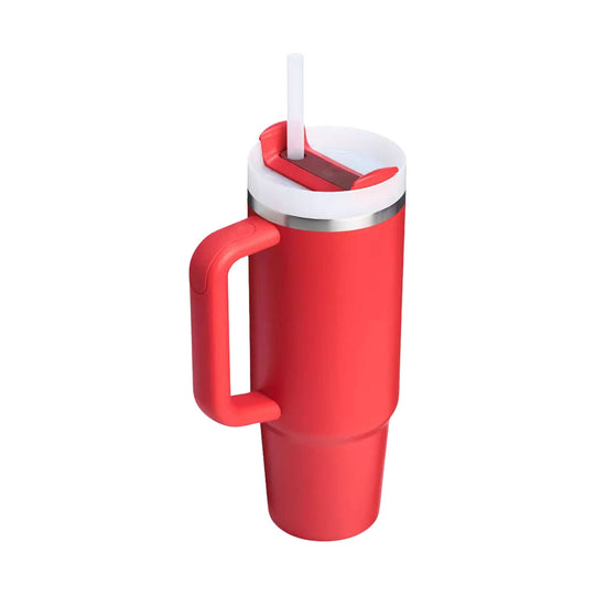 Red insulated tumbler with a handle, white lid, and straw