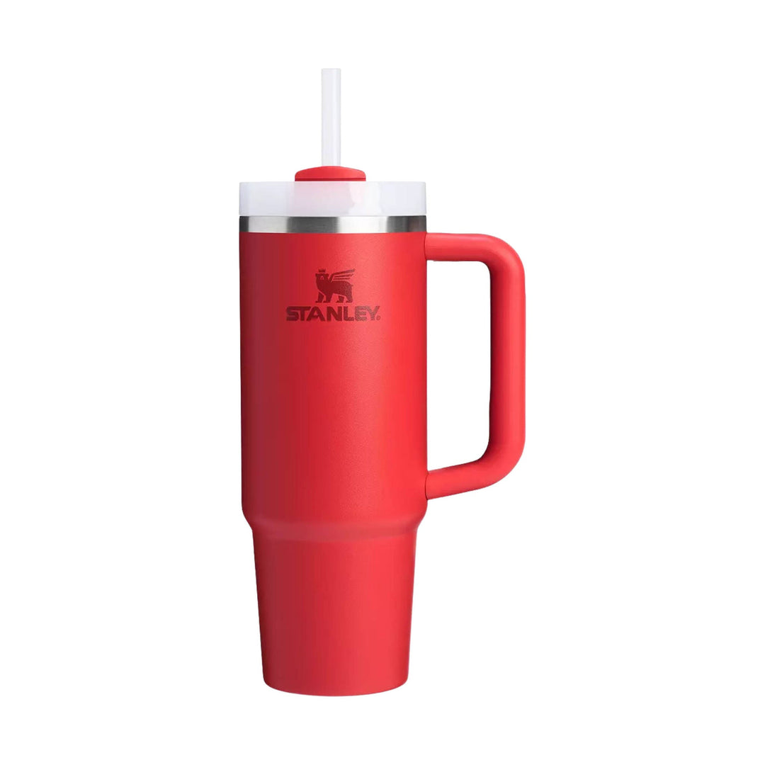 Red insulated tumbler with handle, clear straw lid, and Stanley logo