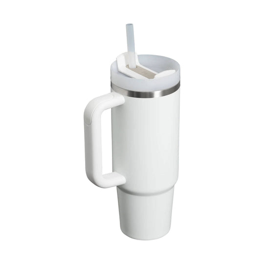 White stainless steel tumbler with handle, clear straw, and lid