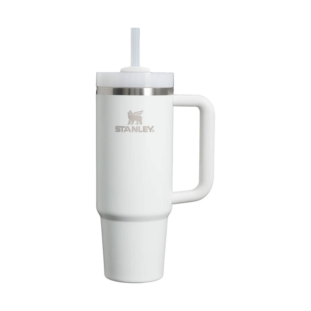 White insulated tumbler with handle, clear straw lid, and Stanley logo