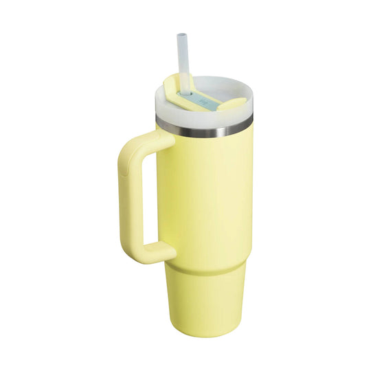 Pale yellow handled tumbler with a clear straw and lid