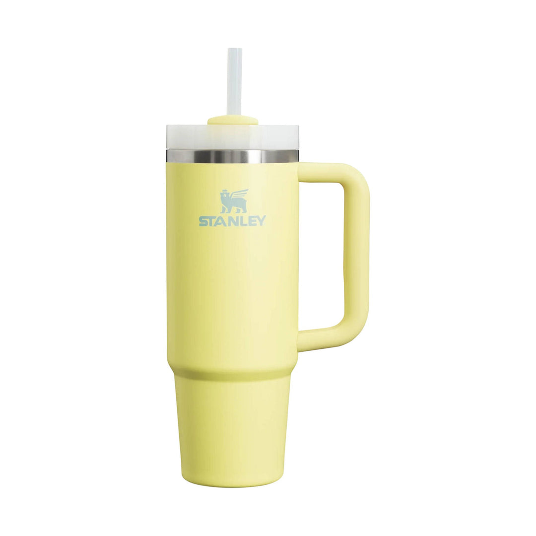 Pale yellow handled tumbler with straw and Stanley logo