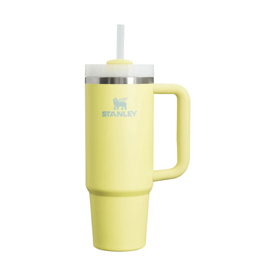 Pale yellow handled tumbler with a straw lid and visible Stanley logo