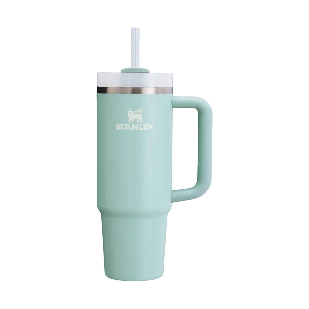 Mint green handled tumbler with straw and STANLEY logo