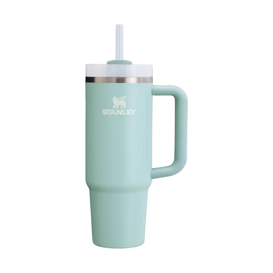Mint green handled tumbler with straw and STANLEY logo