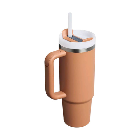 Peach insulated tumbler with handle, lid, and straw
