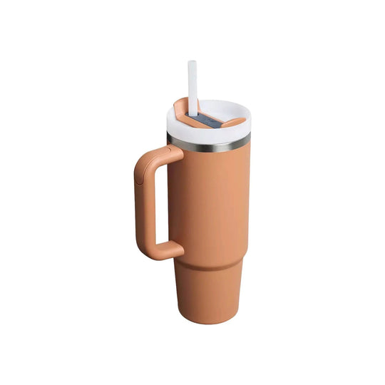 Peach insulated tumbler with handle, white lid, and straw