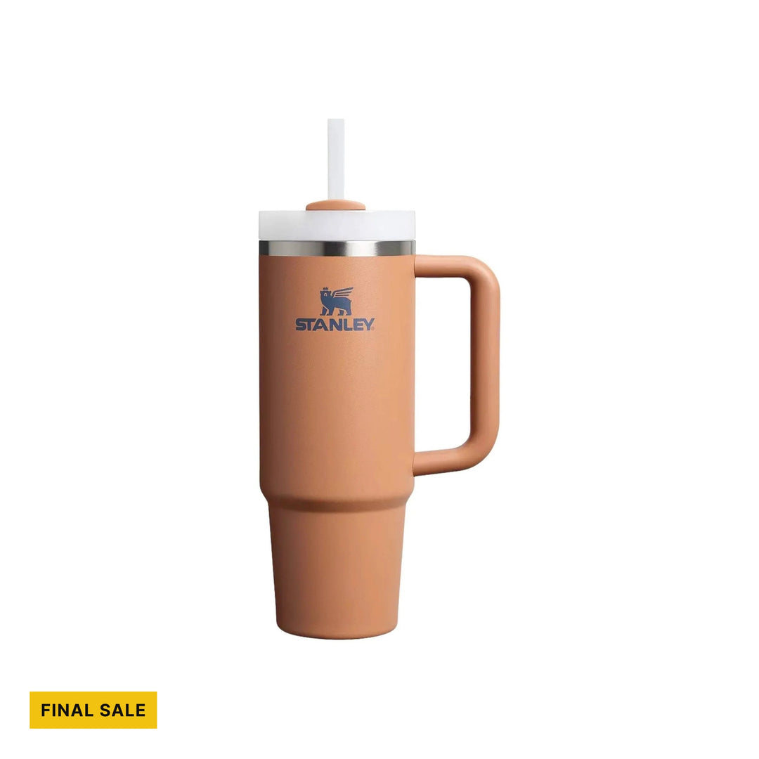 Tan insulated tumbler with handle, white lid, and clear straw, with FINAL SALE label