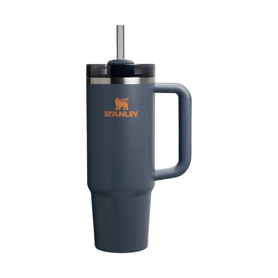 Dark gray handled tumbler with straw and STANLEY logo