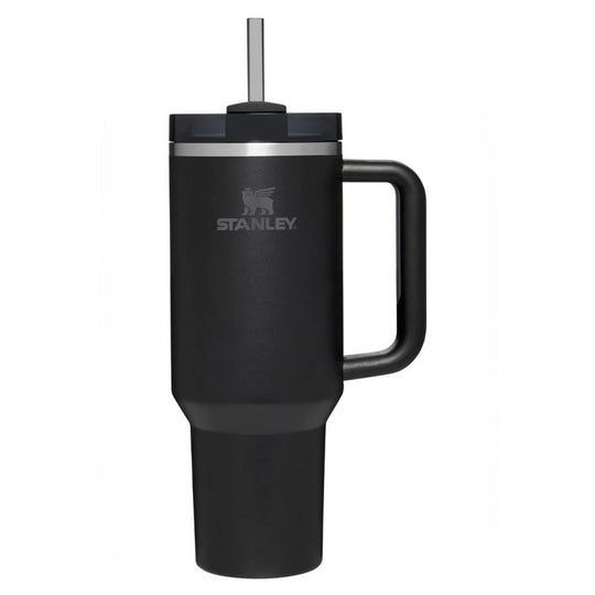 Black insulated tumbler with handle, lid, and straw