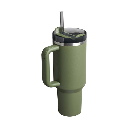 Olive green handled tumbler with lid and straw