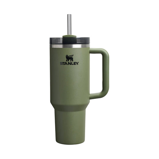 Olive green insulated tumbler with handle and straw, showing the Stanley logo
