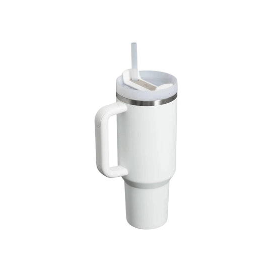 White insulated tumbler with handle, lid, and straw