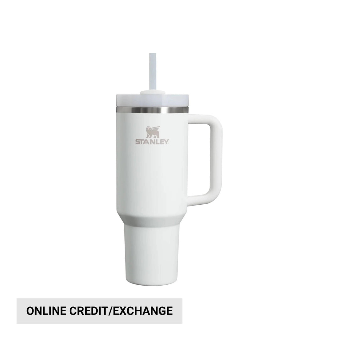 White insulated tumbler with handle and straw lid, with Stanley logo