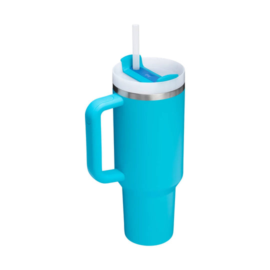 Blue handled tumbler with white lid and clear straw
