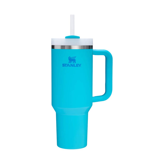Bright blue handled tumbler with white lid and straw