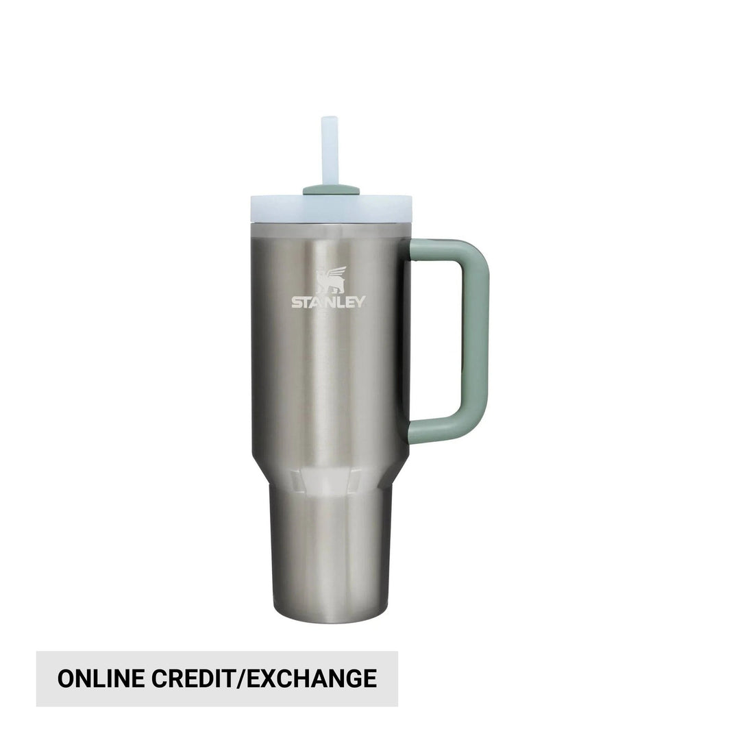 Stainless steel travel tumbler with mint handle, light blue lid, and straw