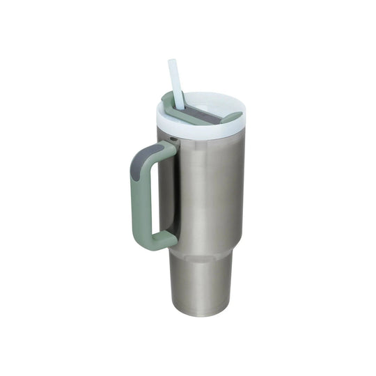 Stainless steel tumbler with handle, white lid, and straw