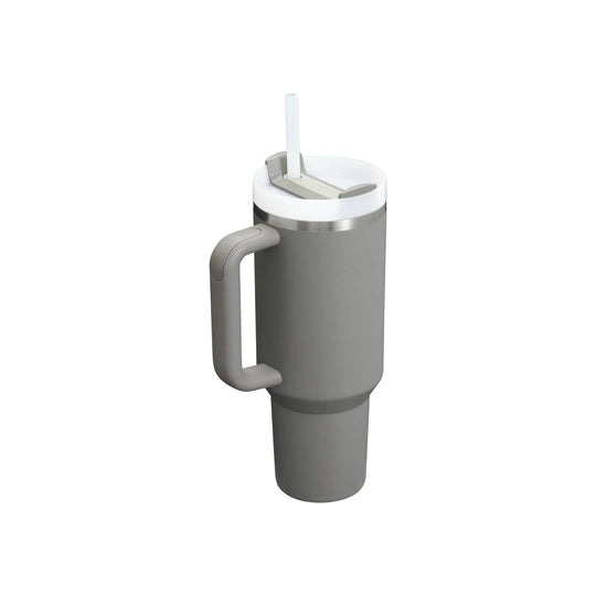 Gray insulated tumbler with handle, white lid, and straw