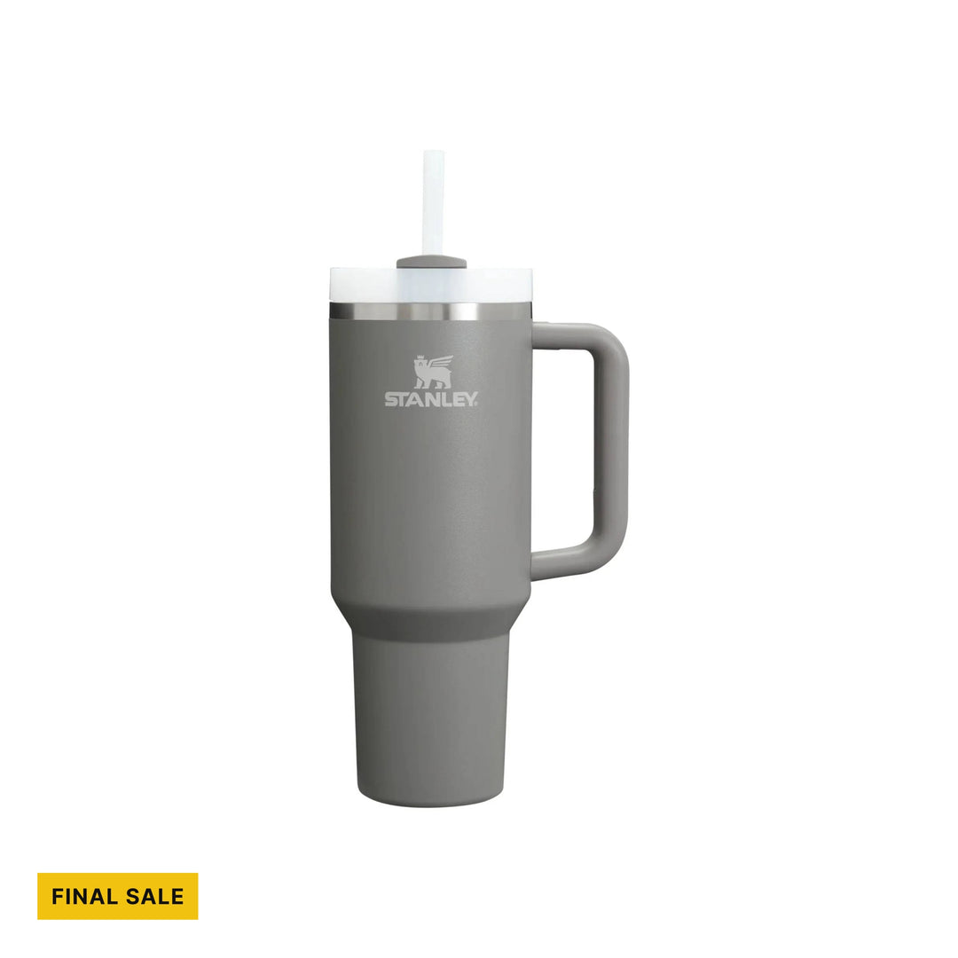 Gray handled tumbler with white lid and clear straw, labeled Stanley, with FINAL SALE text