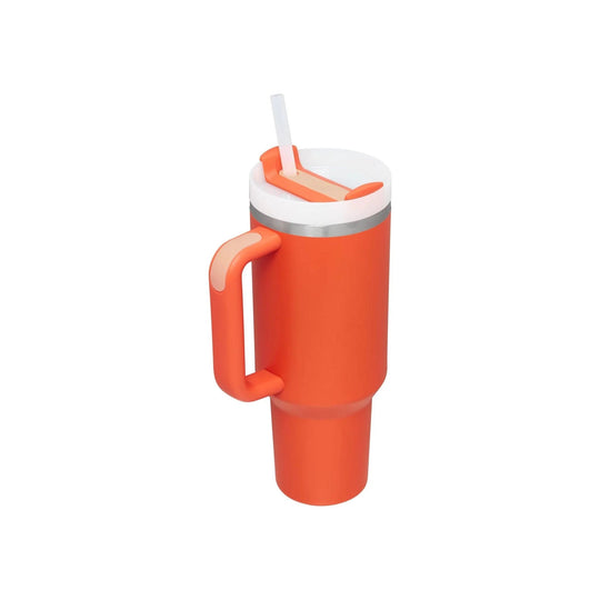 Orange insulated tumbler with handle, lid, and straw