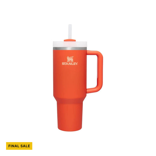 Orange handled tumbler with white lid and straw, labeled STANLEY