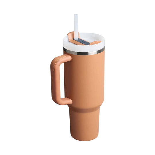Peach insulated tumbler with handle, clear straw, and white lid