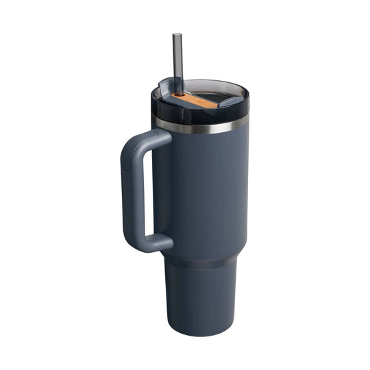 Dark insulated travel tumbler with handle and straw lid