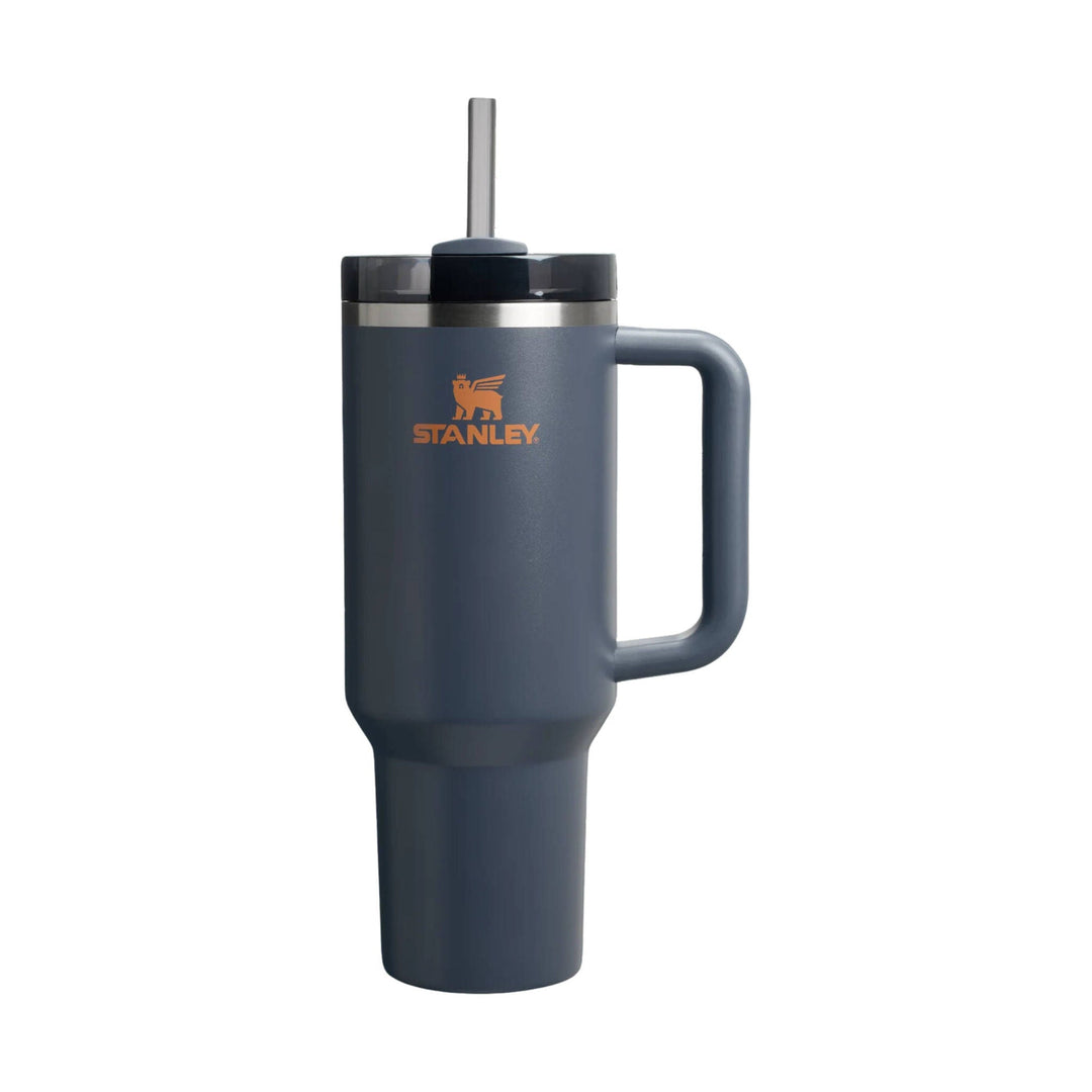 Dark gray handled tumbler with lid and straw, orange Stanley logo, shown on a white background