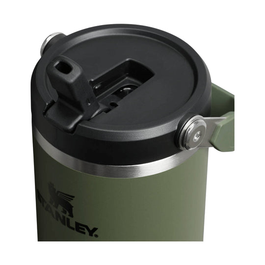 Olive green insulated tumbler with black flip-straw lid and side handle