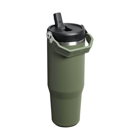 Olive green insulated tumbler with a black flip-straw lid and side handle