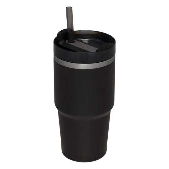Black insulated tumbler with clear straw, stainless steel accent band, and tapered base
