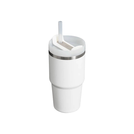 White insulated tumbler with lid, straw, and stainless steel accent ring