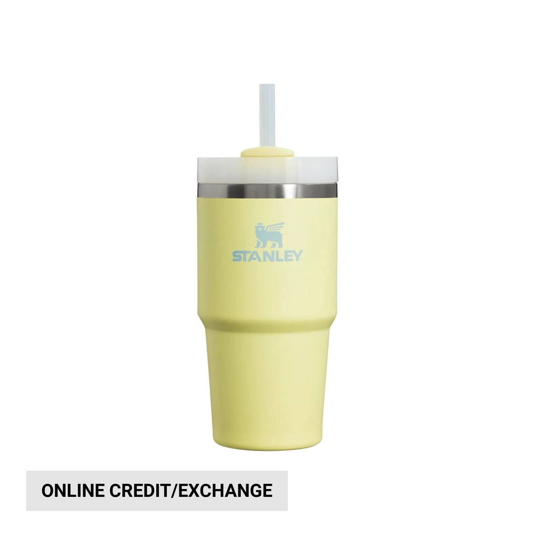 Pale yellow insulated tumbler with a straw lid and Stanley logo