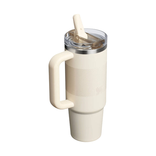 Cream insulated tumbler with handle and flip straw lid