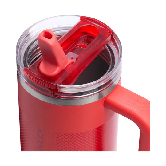Red insulated tumbler with clear flip-straw lid and side handle, shown from above.